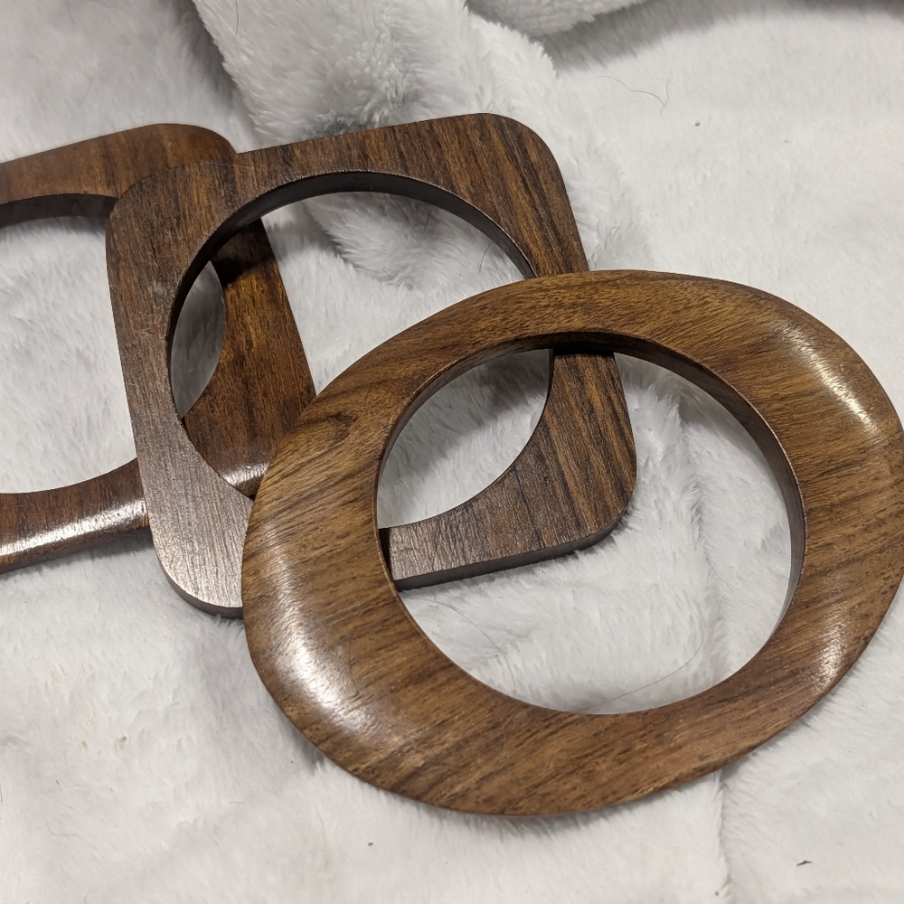 Earthy Boho Mid Century Style Stackable Wooden Bangle Bracelet Trio - Picture 3 of 5